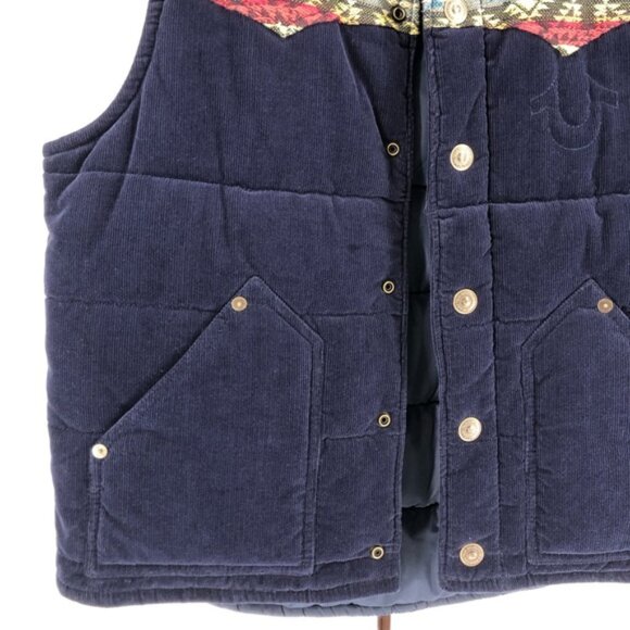 True Religion Men’s Navy Serape Corduroy Snap Button Puffer Vest - Picture 4 of 14